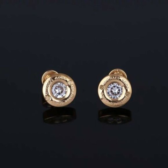 New Michael Kors Gold Crystal Pave Stud Earrings - Picture 9 of 14
